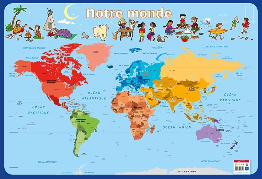Affiche carte du Monde, effaçable, adaptée au cycle 2