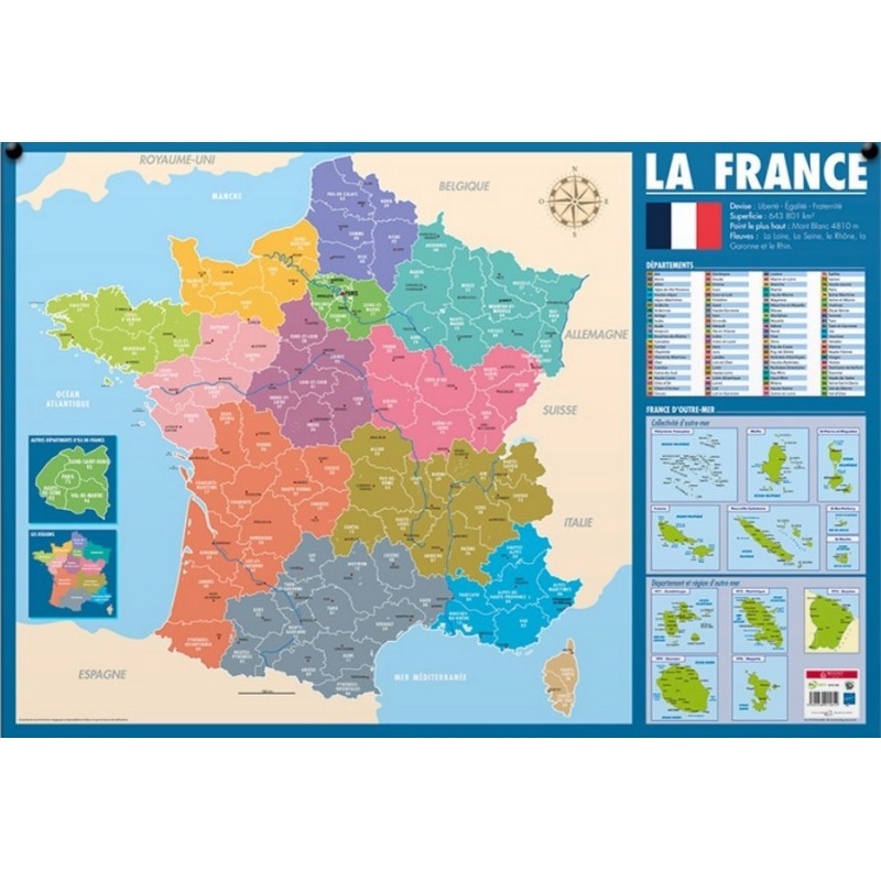 Carte de France, effaçable, adaptée au cycle 2 et 3